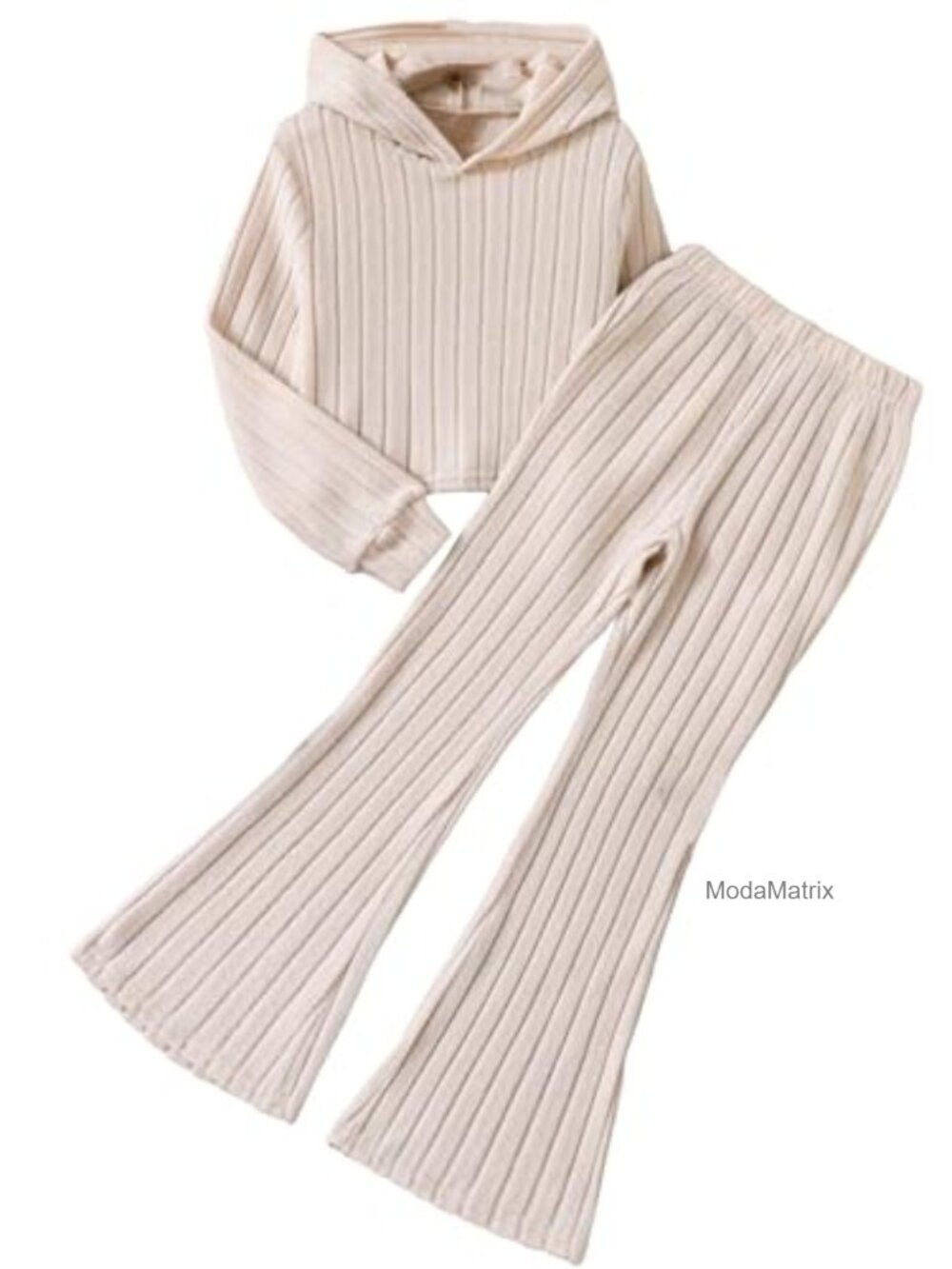 Girls 2 Piece Hooded Long Sleeve Top and Flare Pants Set Ribbed Knit